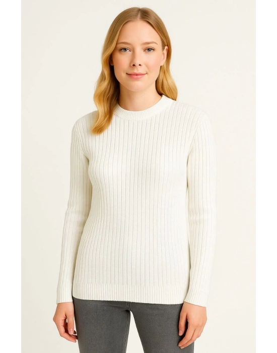 Bisiklet Yuvarlak Yaka Triko Kazak Pamuklu Kalın Fitilli Dokuma, Regular Fit Uzun Kollu Kışlık Model - Beyaz