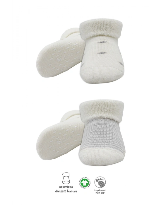 Bistyle 2Li Havlu Soket Kaymaz Çorap 10504 Gri Ekru