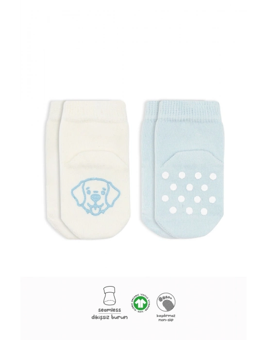 Bistyle 2Li Hayvan Figürlü Kaymaz Soket Çorap 10104 Mavi Ekru