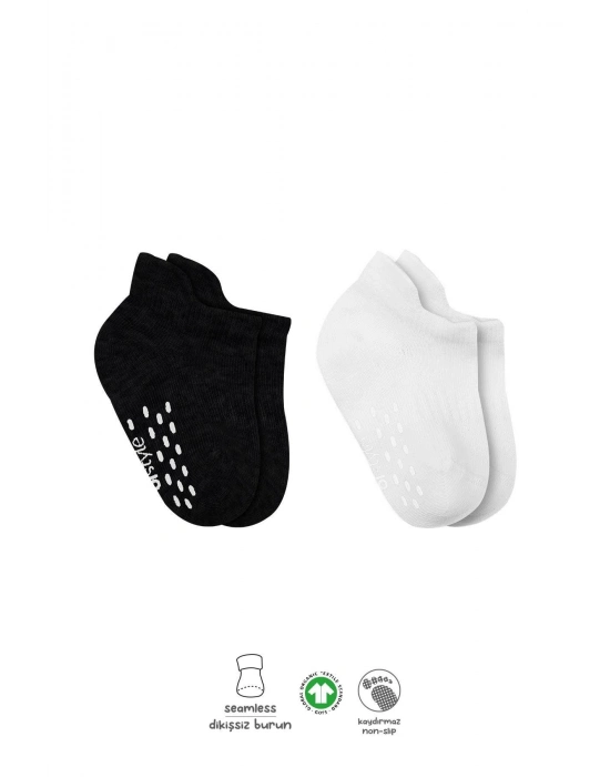 Bistyle 2Li Sneakers Kaymaz Basic Penye Çorap BS20103 Siyah Ekru