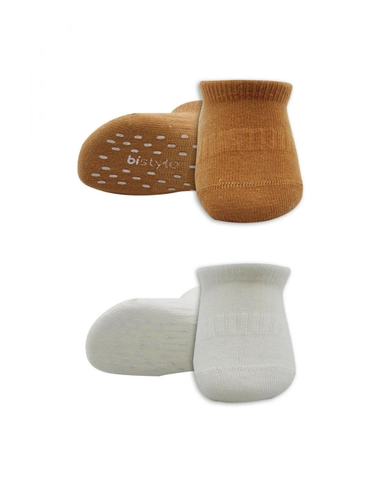 Bistyle 2Li Sneakers Kaymaz Colours Penye Çorap BS20104 Ekru Hardal