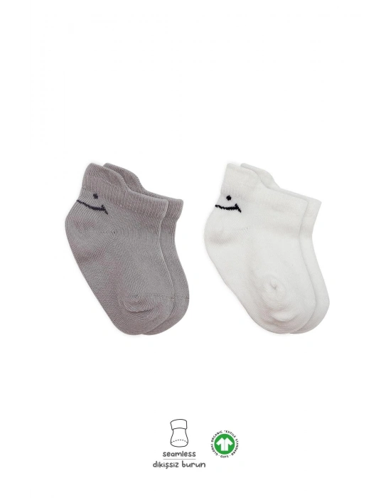 Bistyle 2Li Sneakers Smile Penye Çorap BS20106 Gri Ekru