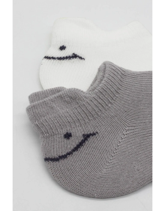 Bistyle 2Li Sneakers Smile Penye Çorap BS20106 Gri Ekru