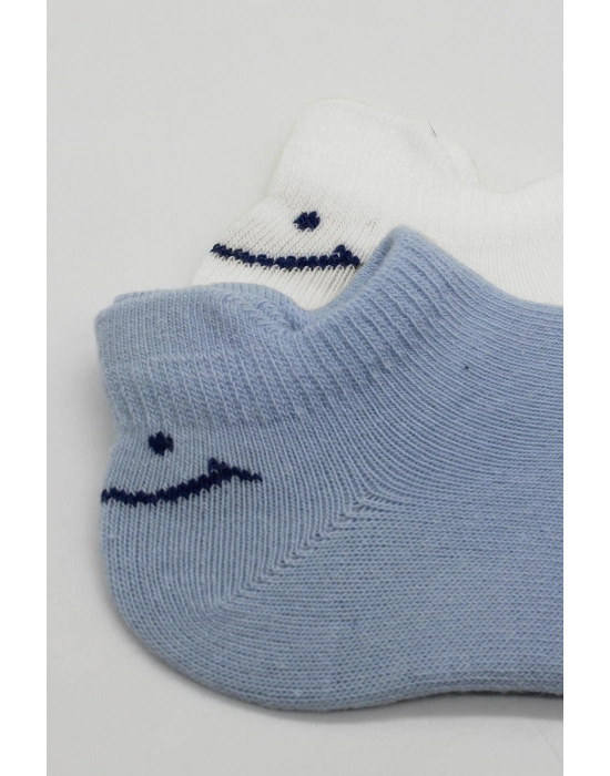 Bistyle 2Li Sneakers Smile Penye Çorap BS20106 Mavi Ekru