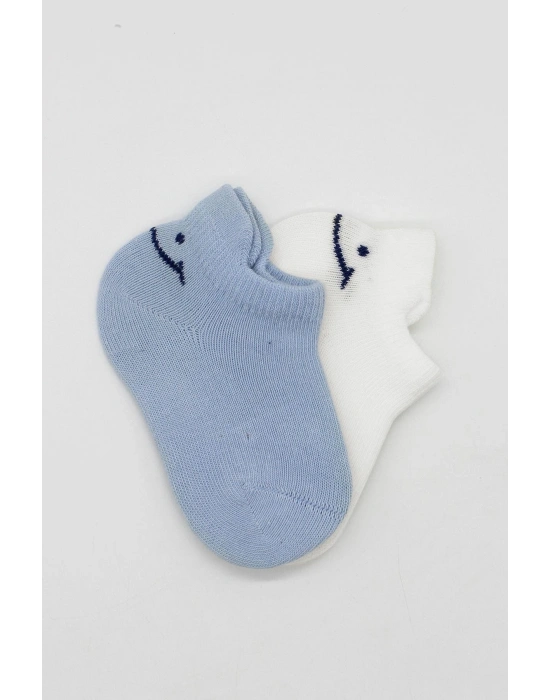 Bistyle 2Li Sneakers Smile Penye Çorap BS20106 Mavi Ekru