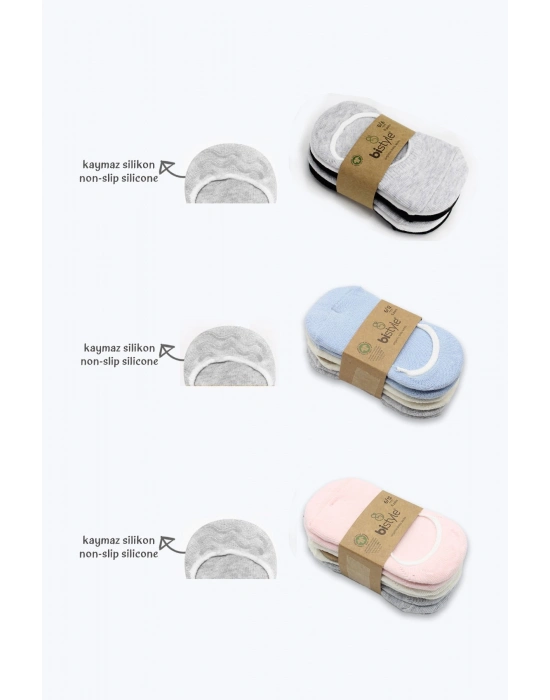 Bistyle 6Lı Silikonlu Babet Penye Çorap BS30101B Gri Beyaz Siyah