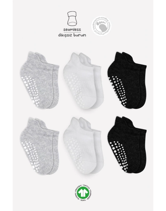 Bistyle 6Lı Sneakers Kaymaz Penye Çorap BS20102 Gri Beyaz Siyah