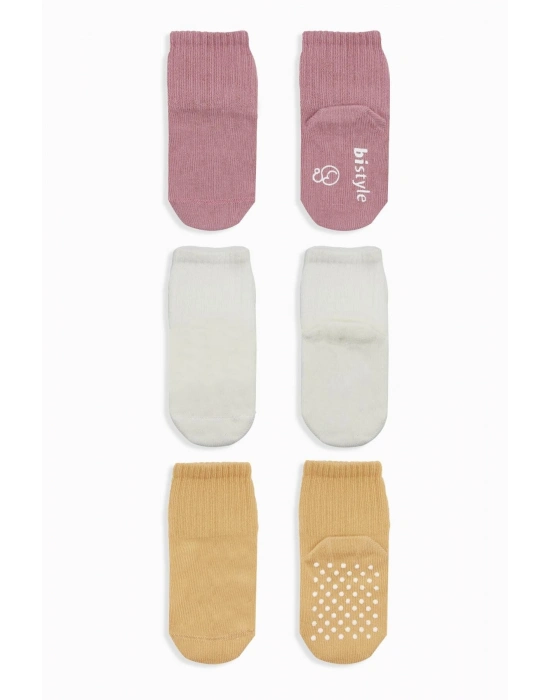 Bistyle Basic Kaymaz Penye Soket Çorap 3Lü BS10107 Pudra Ekru Somon