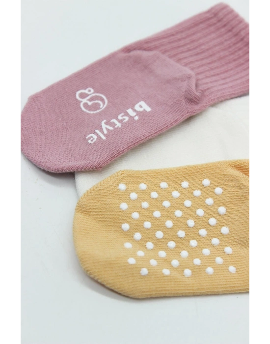 Bistyle Basic Kaymaz Penye Soket Çorap 3Lü BS10107 Pudra Ekru Somon