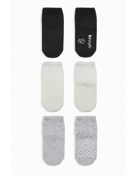 Bistyle Basic Kaymaz Penye Soket Çorap 3Lü BS10107 Siyah Ekru Gri