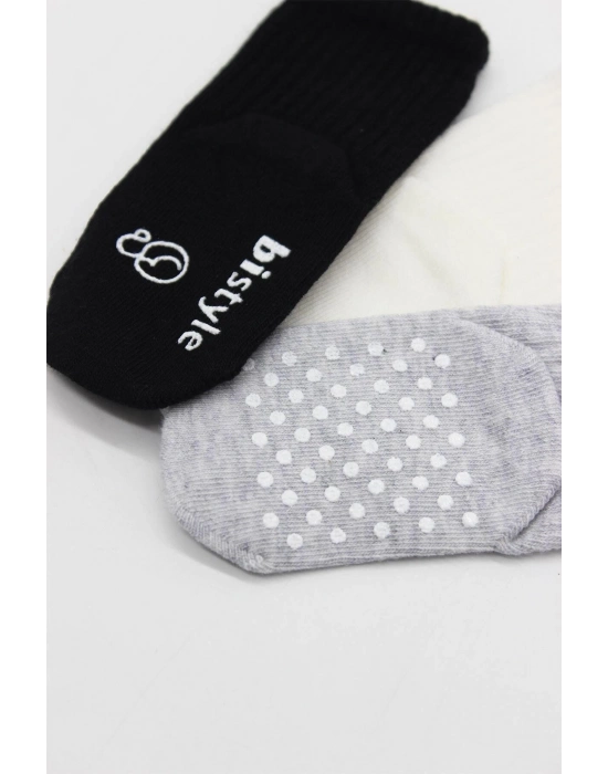 Bistyle Basic Kaymaz Penye Soket Çorap 3Lü BS10107 Siyah Ekru Gri
