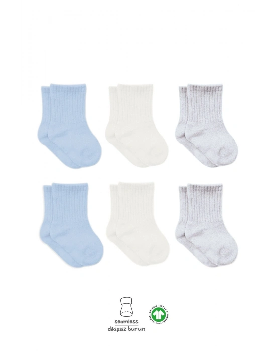 Bistyle Basic Penye Soket Çorap 6Lı BS10101B Mavi Ekru Gri