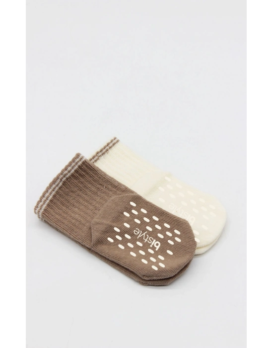 Bistyle Çemberli Basic Penye Kaymaz Soket Çorap 2li 10146 Kahve