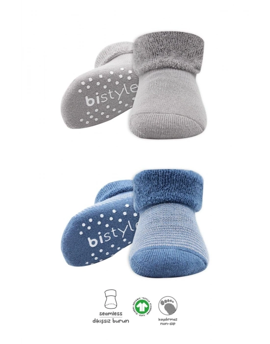 Bistyle Çemberli Kaymaz Havlu Soket Çorap 2Li BS10503 İndigo Gri