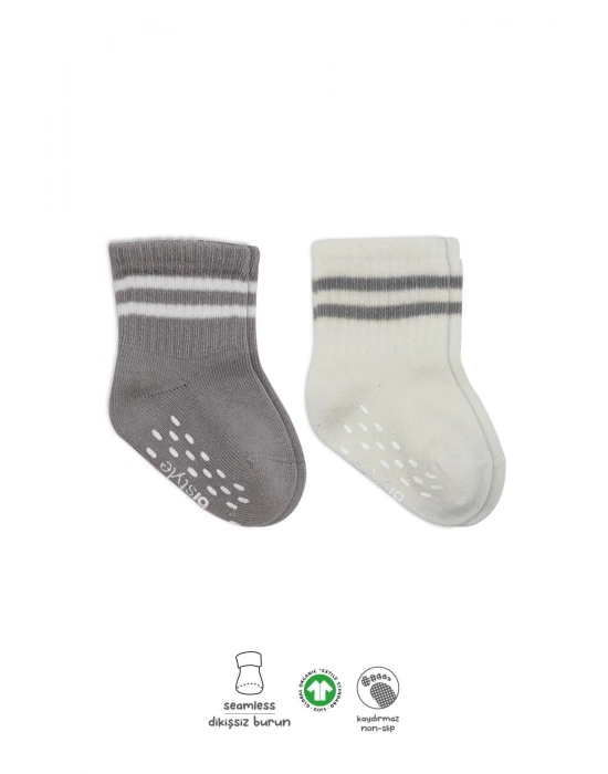 Bistyle Çemberli Kaymaz Soket Çorap 2Li BS10125 Gri Ekru
