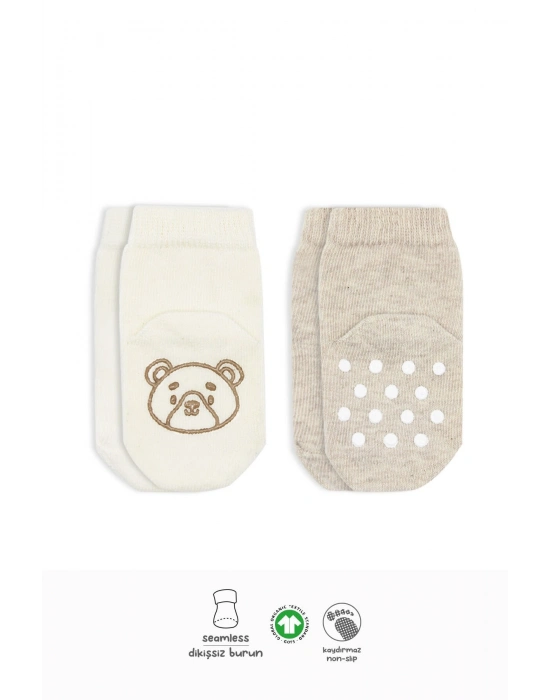 Bistyle Hayvan Figürlü Kaymaz Soket Çorap 2Li BS10104 Bej Ekru