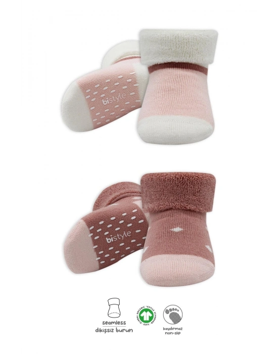 Bistyle Puanlı Kaymaz Havlu Soket Çorap 2Li BS10502 Pudra Pembe