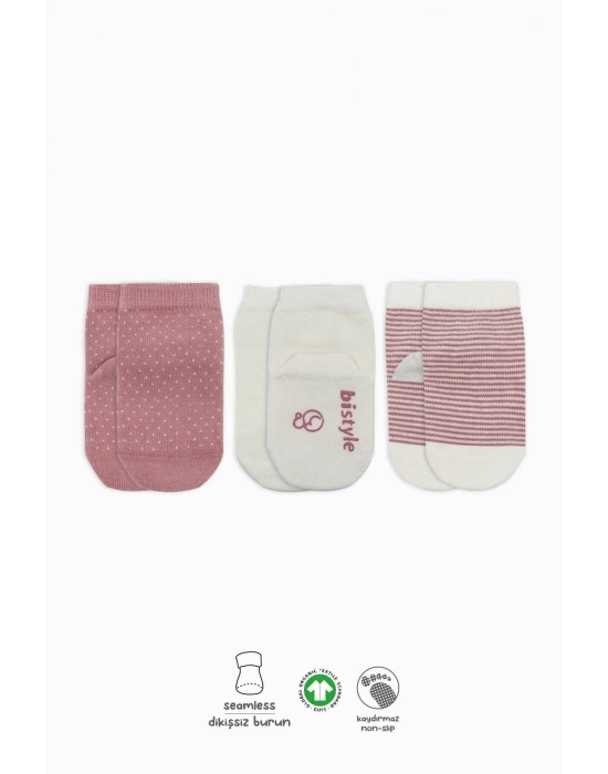 Bistyle Puanlı Kaymaz Penye Soket Çorap 3Lü BS10108 Pudra