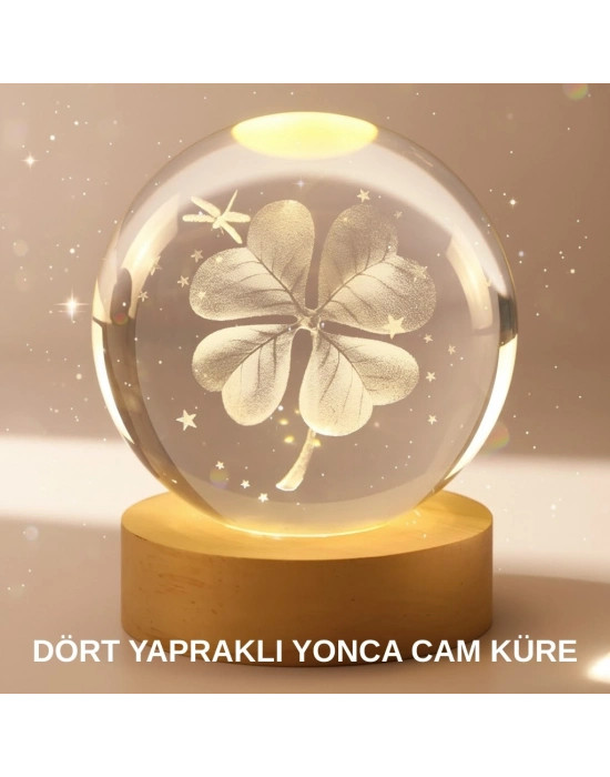 Bitki Temalı LED Işıklı Cam Küre Ahşap Standlı Modern Gece Lambası