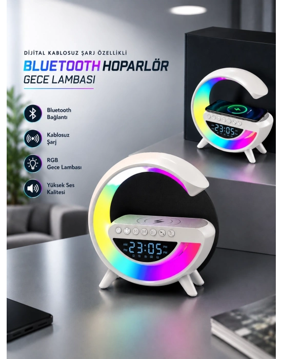 Bluetooth Hoparlör 15W Kablosuz Hızlı Şarj LED Gece Lambası