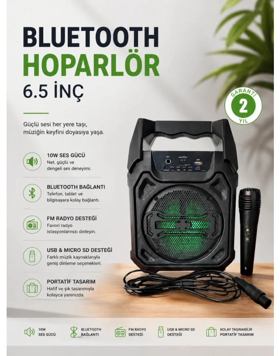 Bluetooth Hoparlör Mikrofonlu Taşınabilir Ses Sistemi FM Radyo, USB, SD Kart ve TWS Özellikli