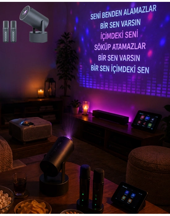 Bluetooth Hoparlörlü Akıllı Projektör Kablosuz Karaoke Mikrofonlu