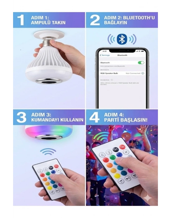 ® Bluetooth RGB LED Hoparlörlü Akıllı Ampul - Renkli Müzikli a ve Kumanda