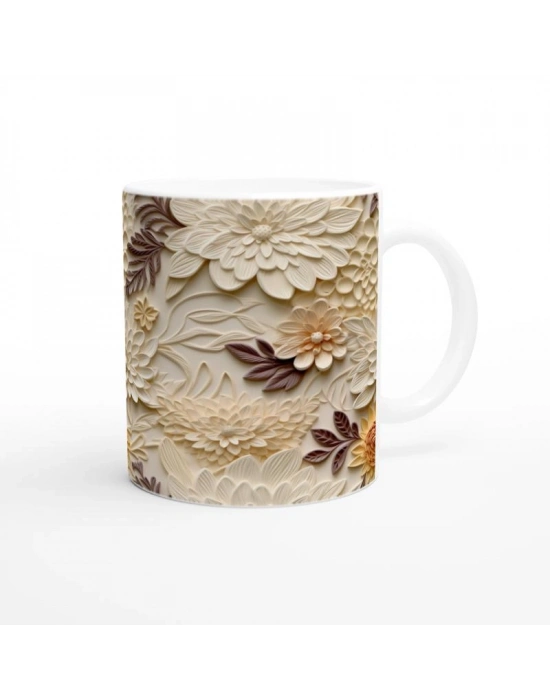 Bohem Bej Rölyef Çiçek Desenli Kupa Bardak