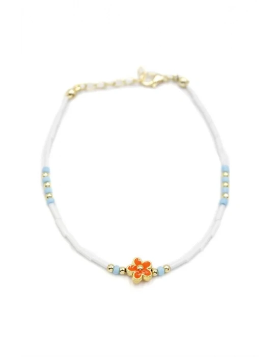 Boncuklu Çiçek  Halhal - Turuncu