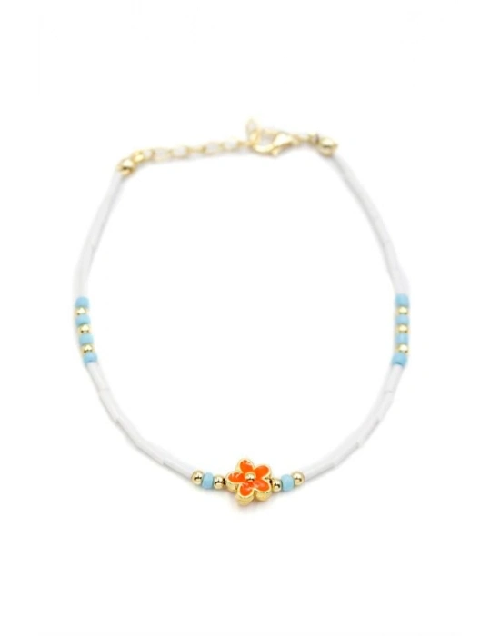 Boncuklu Çiçek  Halhal - Turuncu