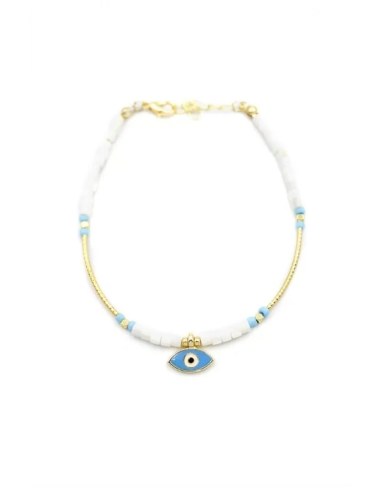 Boncuklu Göz Halhal - Beyaz