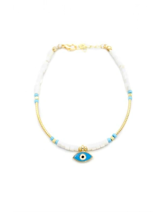 Boncuklu Göz Halhal - Beyaz