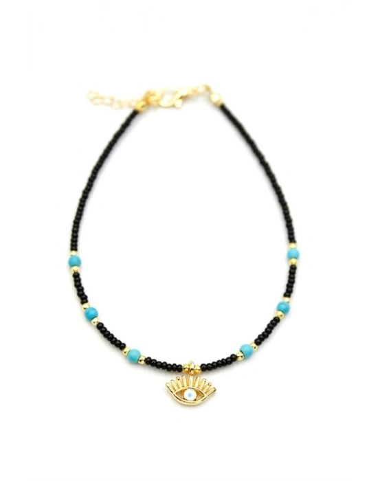 Boncuklu Göz Halhal - Siyah