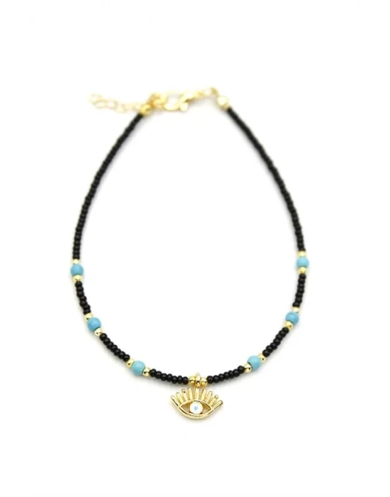 Boncuklu Göz Halhal - Siyah