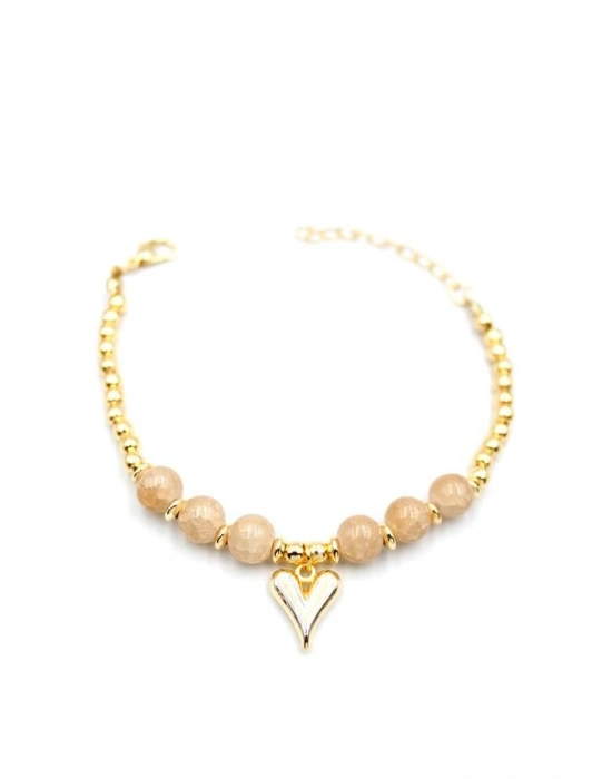 Boncuklu Kalp Bileklik - Krem