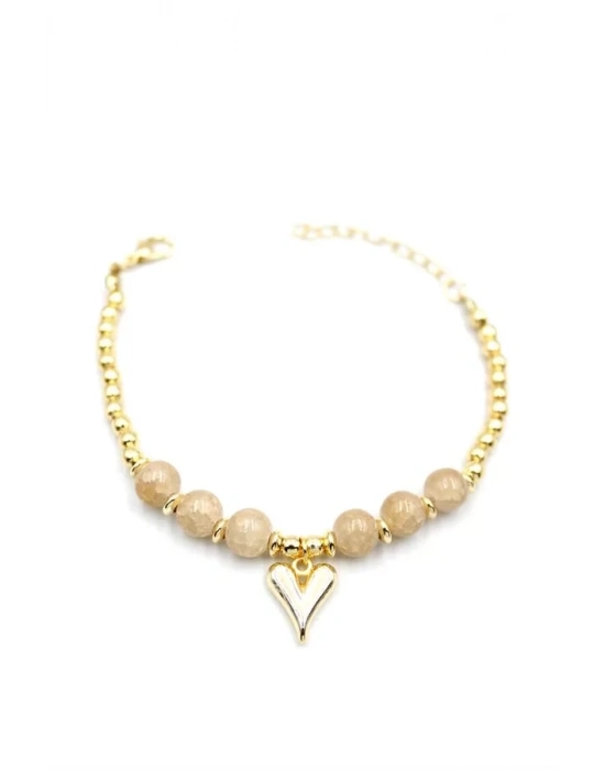 Boncuklu Kalp Bileklik - Krem