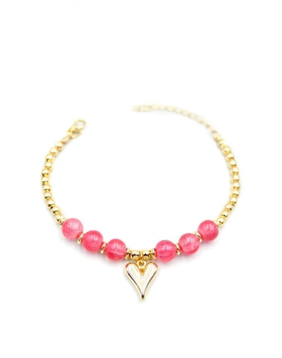 Boncuklu Kalp Bileklik - Pembe