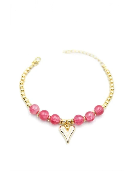 Boncuklu Kalp Bileklik - Pembe