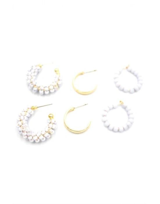 Boncuklu Küpe Seti - Beyaz