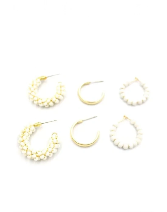 Boncuklu Küpe Seti - Krem