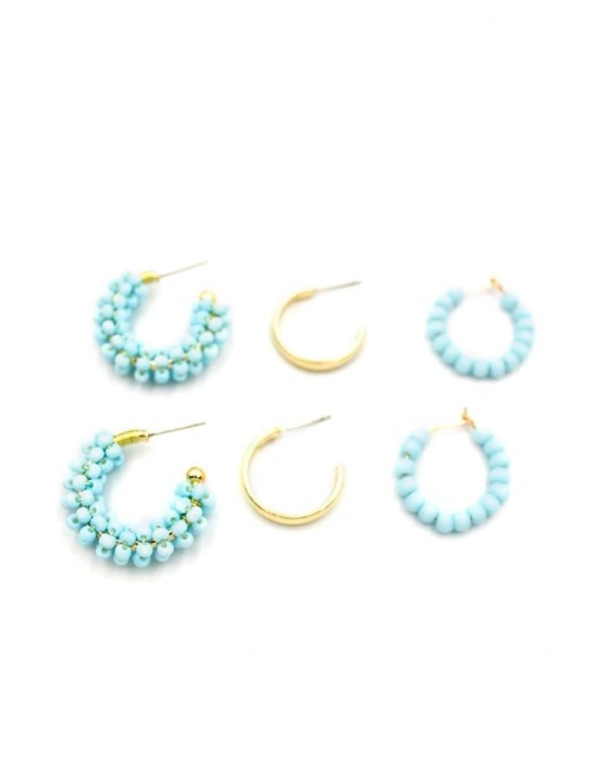 Boncuklu Küpe Seti - Turkuaz