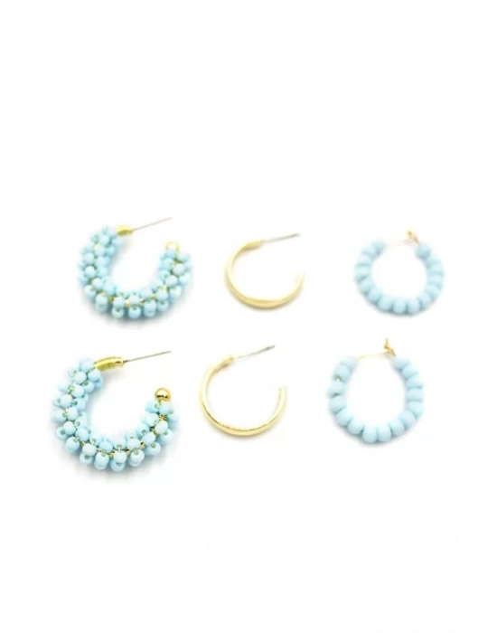 Boncuklu Küpe Seti - Turkuaz