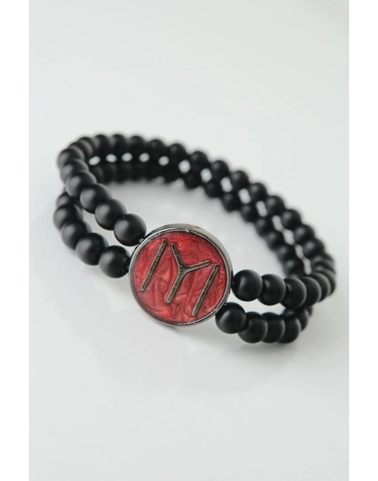 ® Bordo Metal Üzerine Füme Kayı Boyu Figürlü Siyah Renk Çift Sıra Doğal Taş Erkek Bileklik