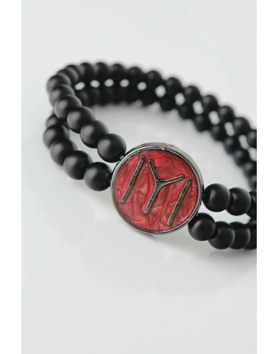 ® Bordo Metal Üzerine Füme Kayı Boyu Figürlü Siyah Renk Çift Sıra Doğal Taş Erkek Bileklik