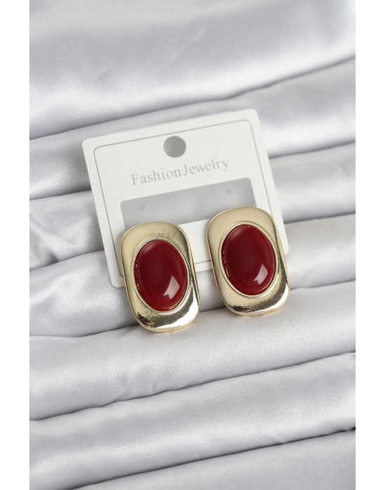 Bordo Renk Kare Model Vintage Kadın Küpe