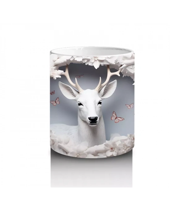 Boynuzlu Geyik ve Kar Temalı Arka Plan – Baskılı Kahve Kupası