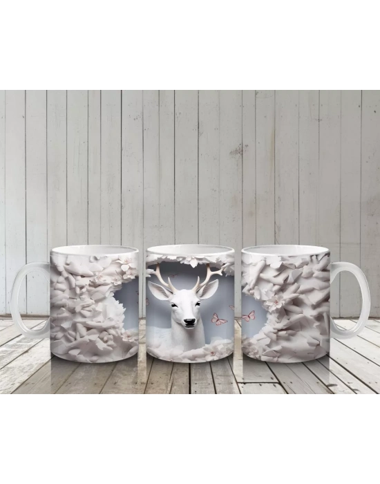 Boynuzlu Geyik ve Kar Temalı Arka Plan – Baskılı Kahve Kupası