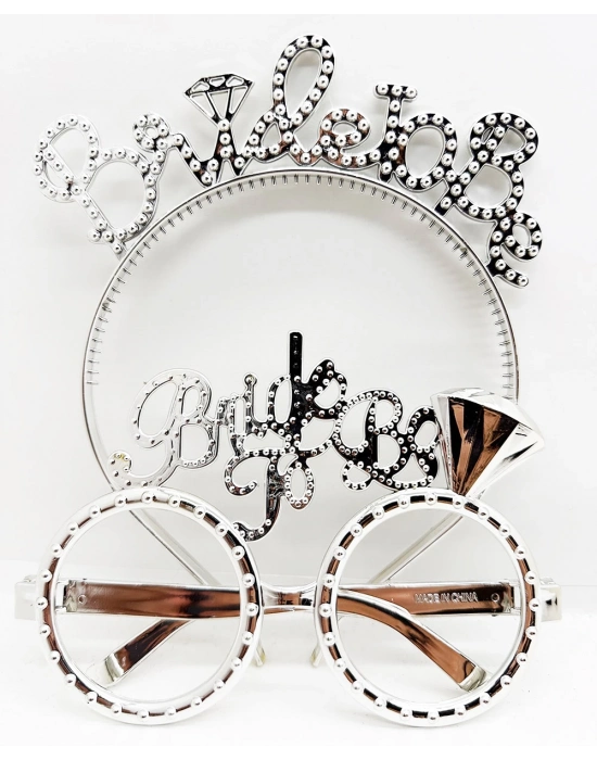 Bride To Be Yazılı Taç ve  Gözlük Seti - Gümüş Renk