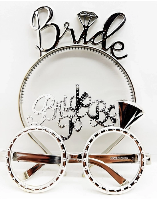 Bride Yazılı Taç ve Bride To Be Yazılı Gözlük Seti Gümüş Renk