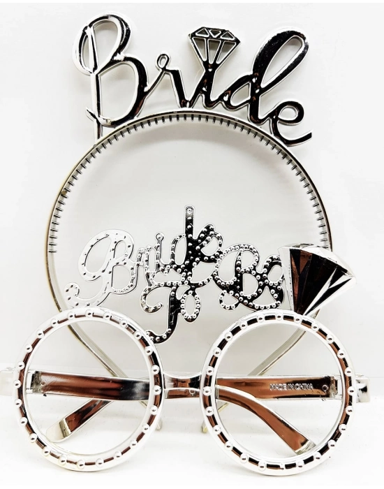 Bride Yazılı Taç ve Bride To Be Yazılı Gözlük Seti - Gümüş Renk